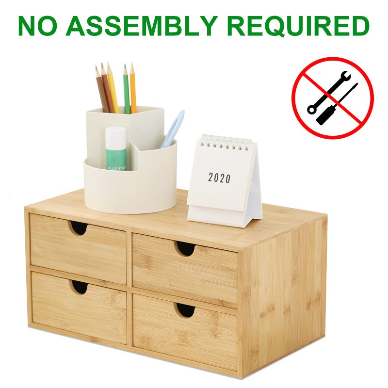 Wisuce Bamboo Desk Organizer - Mini Desktop Drawer Tabletop Storage Organization Box for Office Home Toiletries Supplies, No Assembly Required (4 Drawer) - Image 3